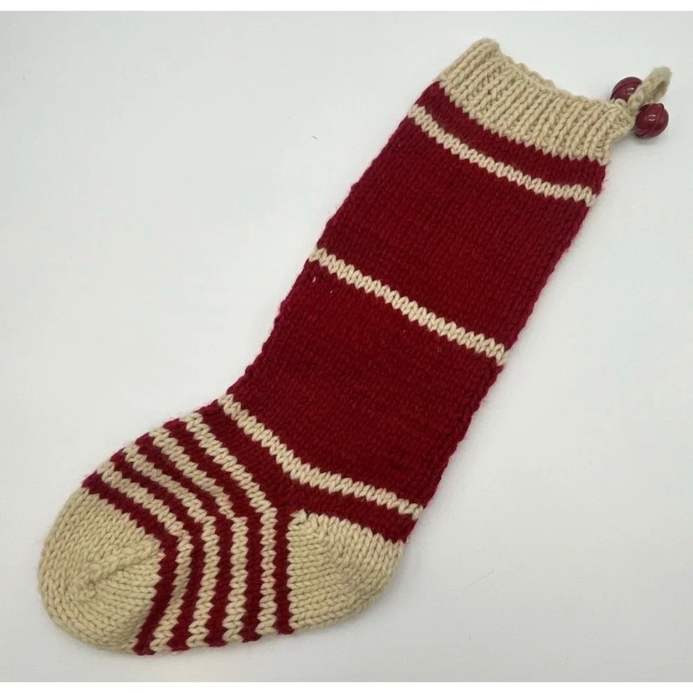POTTERY BARN Christmas Stocking Red Ivory Chunky Knit‎ Snowflake Bells Holiday
